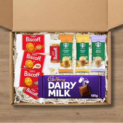 Coffee gift box with Starbucks lattes, Lotus Biscoff biscuits and Cadbury Dairy Milk bar