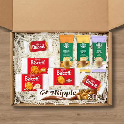 Coffee gift box with Starbucks lattes, Lotus Biscoff biscuits and Galaxy Ripple bar