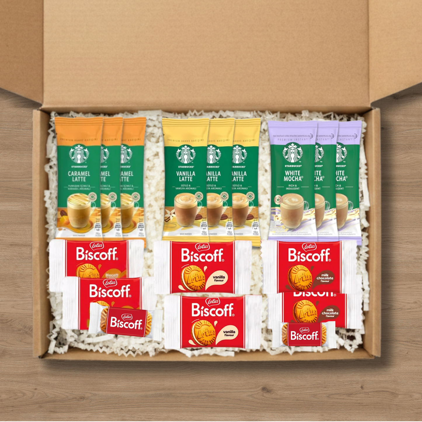 Large coffee gift box with multiple Starbucks lattes and Lotus Biscoff biscuits to share