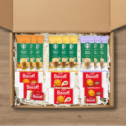 Large coffee gift box with multiple Starbucks lattes and Lotus Biscoff biscuits to share