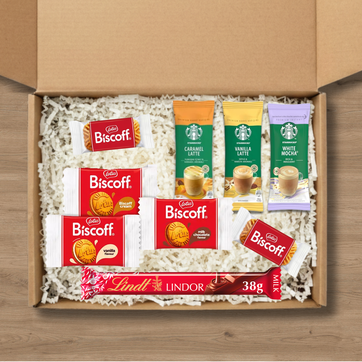 Coffee gift box with Starbucks lattes, Lotus Biscoff biscuits and Lindt Lindor chocolate