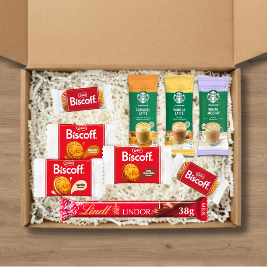 Coffee gift box with Starbucks lattes, Lotus Biscoff biscuits and Lindt Lindor chocolate