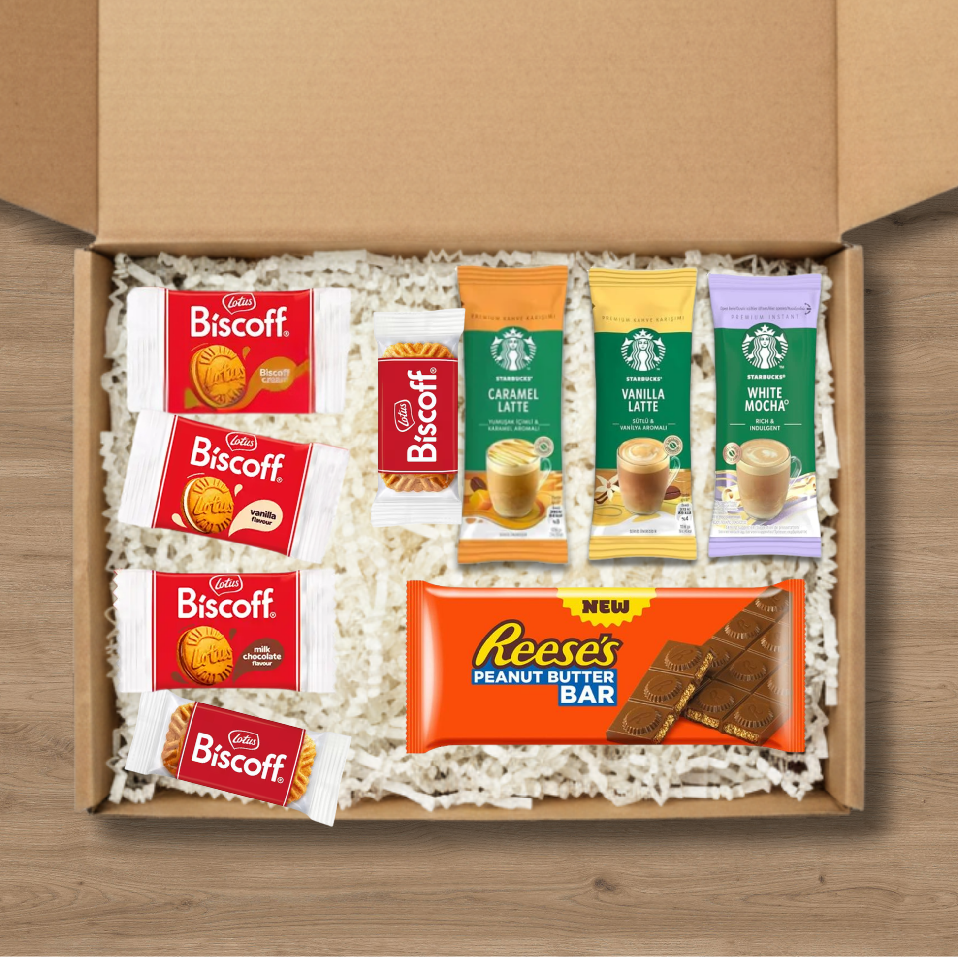 Coffee gift box with Starbucks lattes, Biscoff biscuits and Reese's Peanut Butter Bar