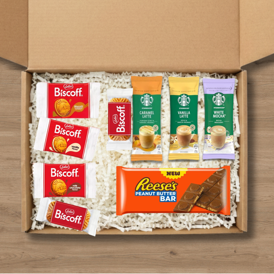 Coffee gift box with Starbucks lattes, Biscoff biscuits and Reese's Peanut Butter Bar