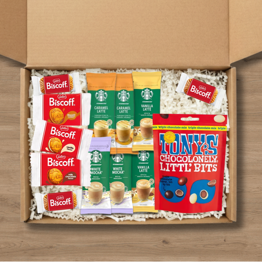 Large coffee gift box with Starbucks lattes, Biscoff biscuits and Tony's Chocolonely Little Bits pouch