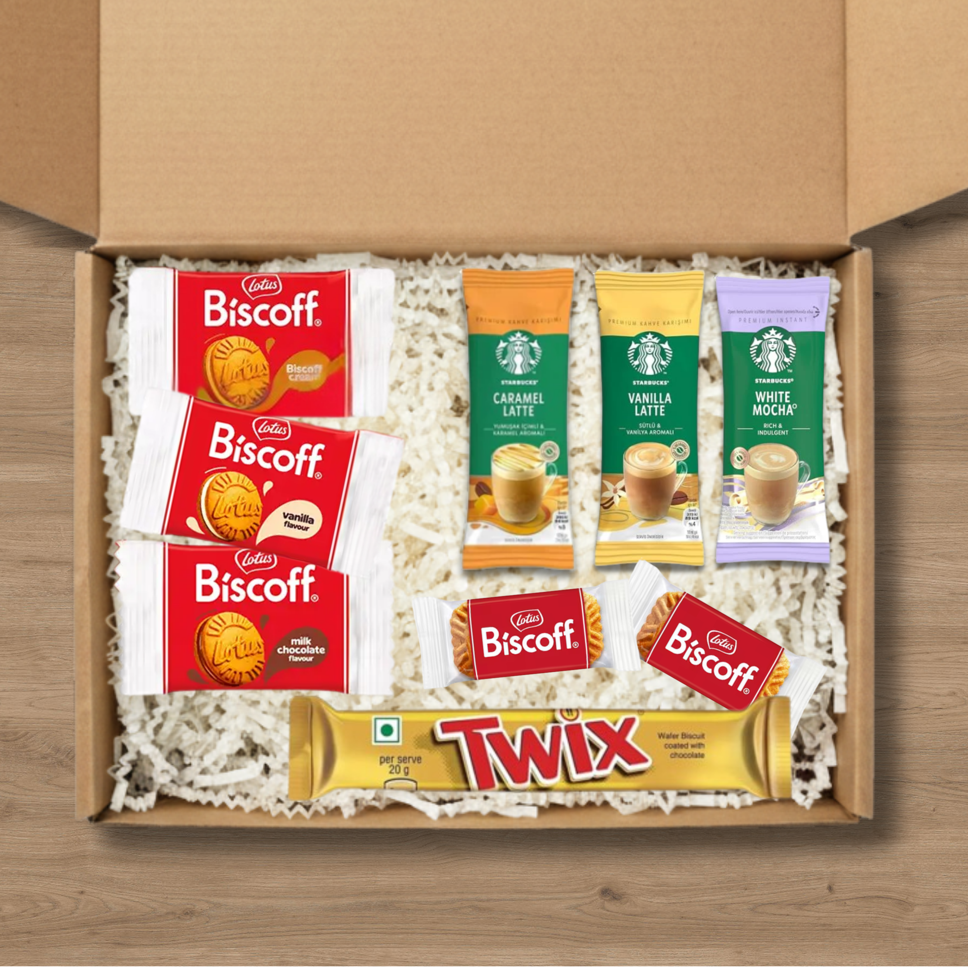 Coffee gift box with Starbucks lattes, Lotus Biscoff biscuits and a Twix bar