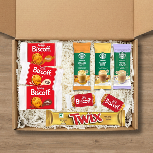 Coffee gift box with Starbucks lattes, Lotus Biscoff biscuits and a Twix bar