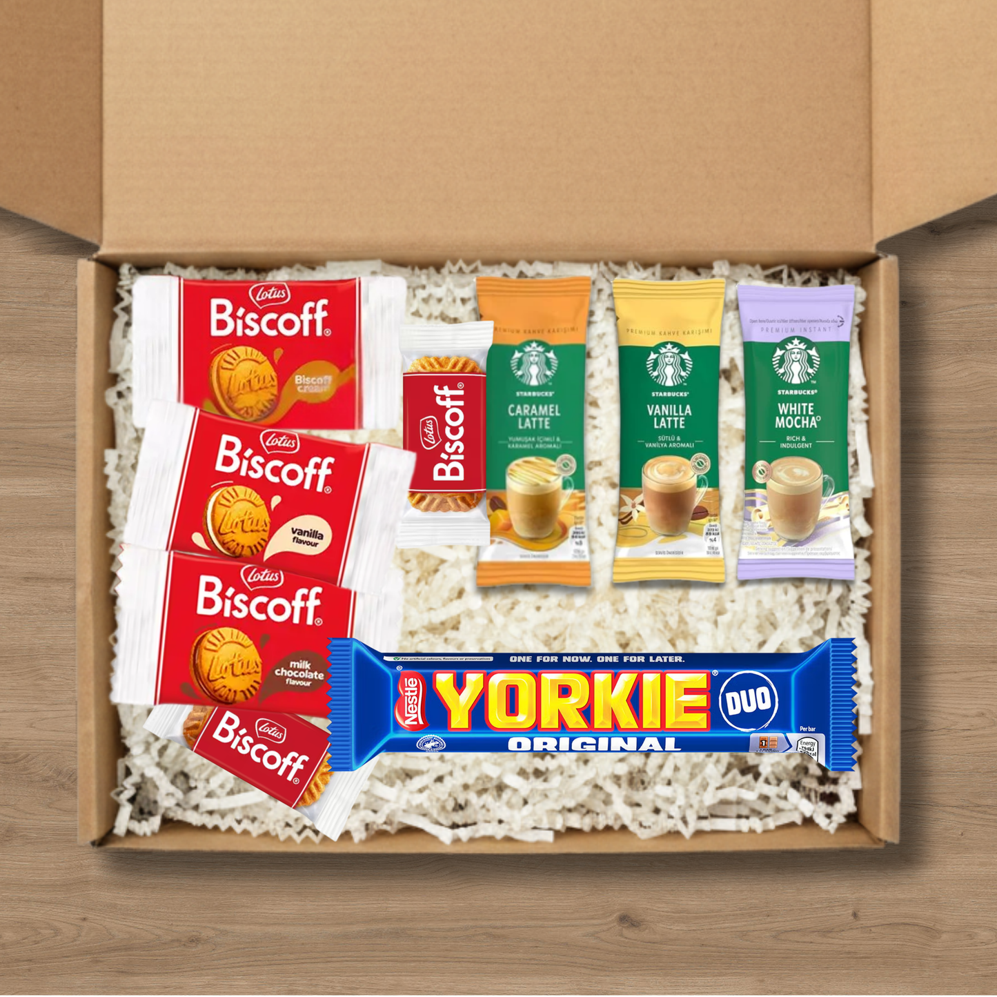 Coffee gift box with Starbucks lattes, Lotus Biscoff biscuits and a Yorkie chocolate bar