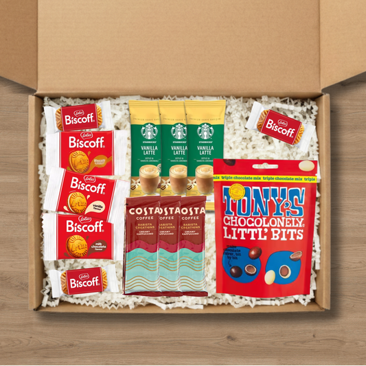 Coffee lover's gift box with Starbucks, Costa Coffee, Biscoff biscuits and Tony's Chocolonely Little Bits