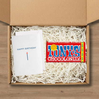 Tony's Milk Chocolate 180g bar with a happy birthday card