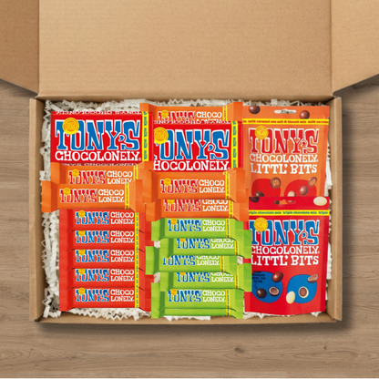 A gift box containing 1 Tony's Chocolonely Milk Chocolate Littl' Bits, 1 Tony's Chocolonely Milk Chocolate Littl' Bits, 2  large Tony's Milk Chocolate bars, 5 Tony's Milk Chocolate bars, 5 Tony's Milk Chocolate Caramel Sea Salt chocolate bars and 5 Tony's Dark Almond Sea Salt chocolate bars