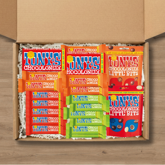 A gift box containing 1 Tony's Chocolonely Milk Chocolate Littl' Bits, 1 Tony's Chocolonely Milk Chocolate Littl' Bits, 2  large Tony's Milk Chocolate bars, 5 Tony's Milk Chocolate bars, 5 Tony's Milk Chocolate Caramel Sea Salt chocolate bars and 5 Tony's Dark Almond Sea Salt chocolate bars
