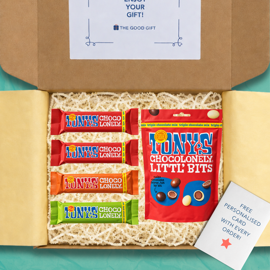 A gift box containing Tony's Chocolonely Littl' Bits, 2 Tony's Milk Chocolate bars, 1 Tony's Milk Chocolate Caramel Sea Salt chocolate bar and 1 Tony's Dark Almond Sea Salt chocolate bar