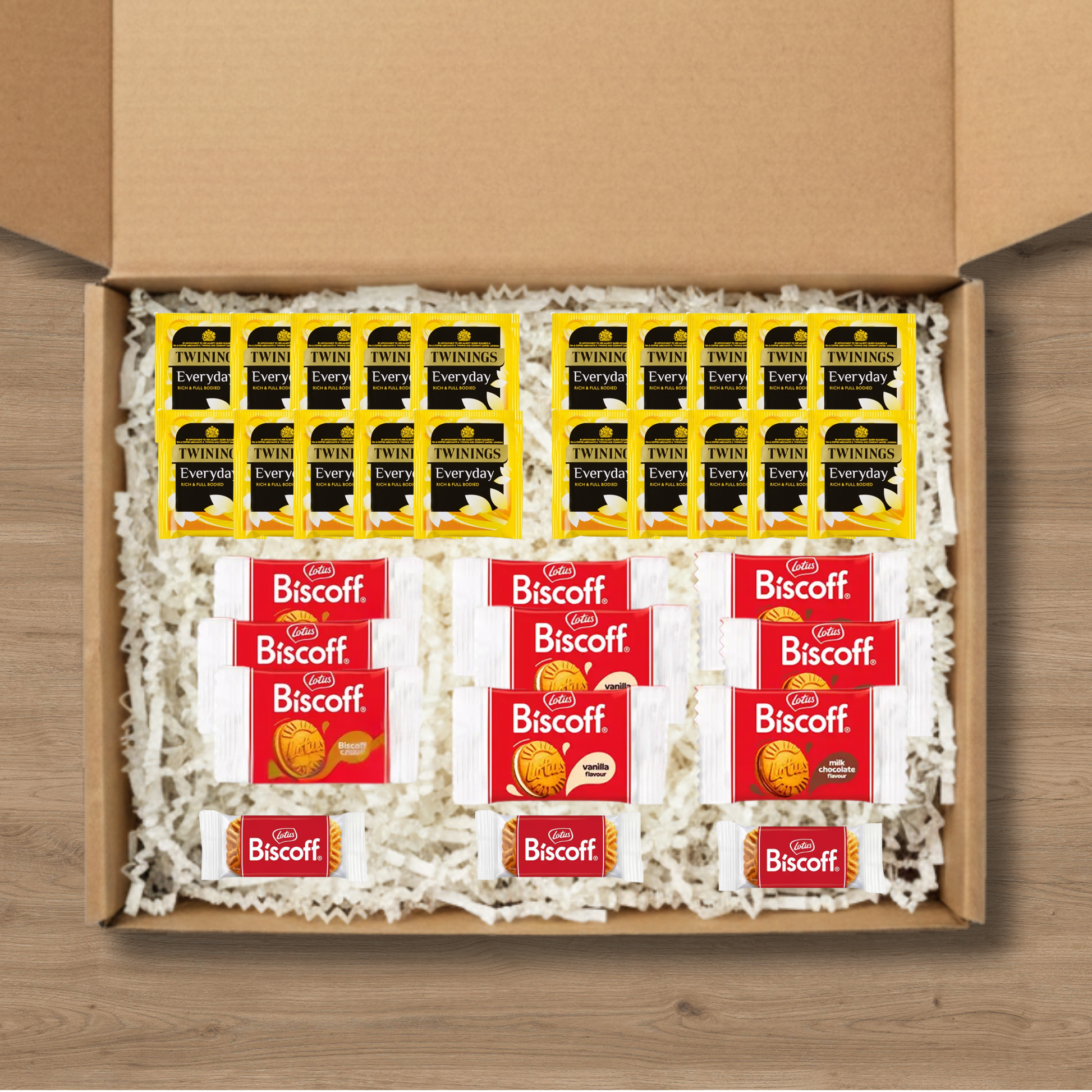 Large tea gift box with Twinings Everyday Tea bags and Lotus Biscoff biscuits