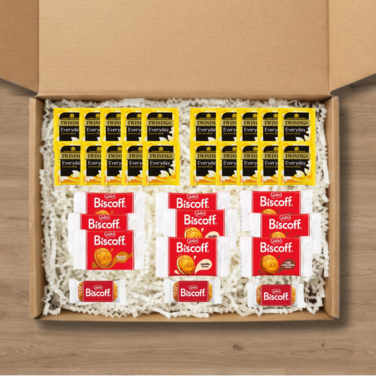 Large tea gift box with Twinings Everyday Tea bags and Lotus Biscoff biscuits