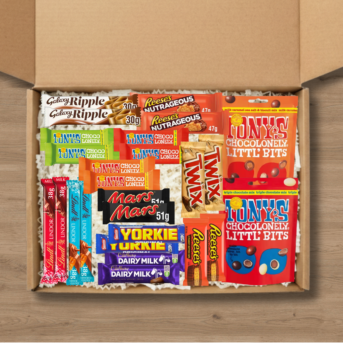 Ultimate chocolate hamper with Tony's Chocolonely, Mars, Twix, Lindt, Cadbury, Yorkie, Galaxy and Reese's