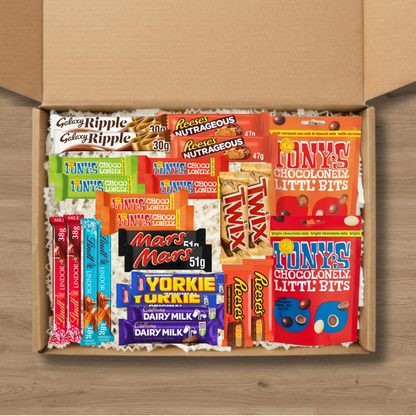 Ultimate chocolate hamper with Tony's Chocolonely, Mars, Twix, Lindt, Cadbury, Yorkie, Galaxy and Reese's