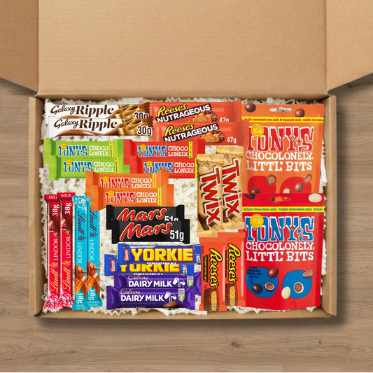 Ultimate chocolate hamper with Tony's Chocolonely, Mars, Twix, Lindt, Cadbury, Yorkie, Galaxy and Reese's