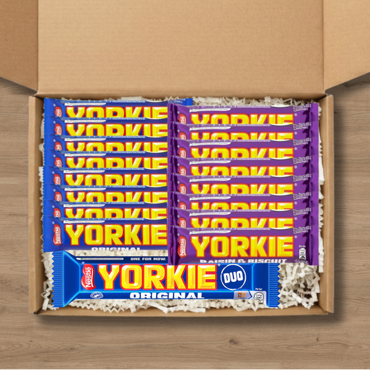 A gift box containing 8 Yorkie Original chocolate bars, 8 Yorkie Raisin & Biscuit chocolate bars, and a Yorkie Duo Original chocolate bar